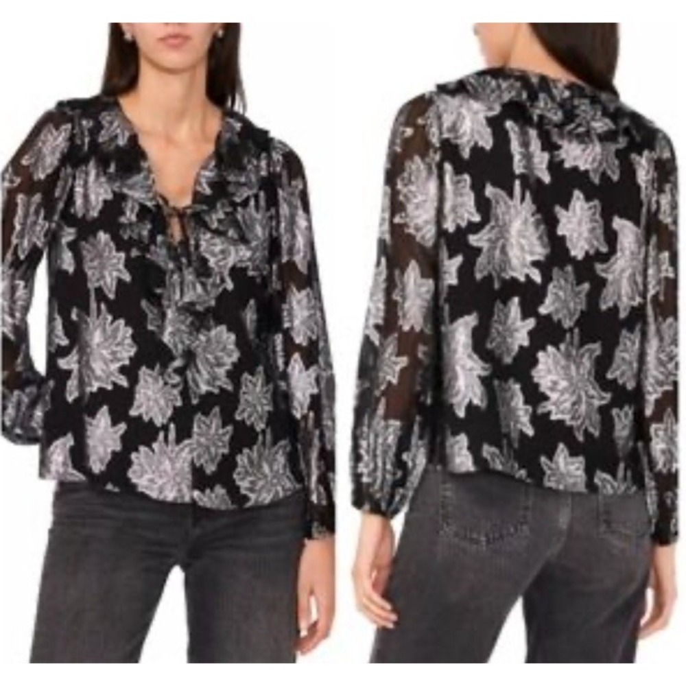 Parker Women's Metallic Star Blouse Sz‎ M Black & Silver Flowy Blouson Celestial